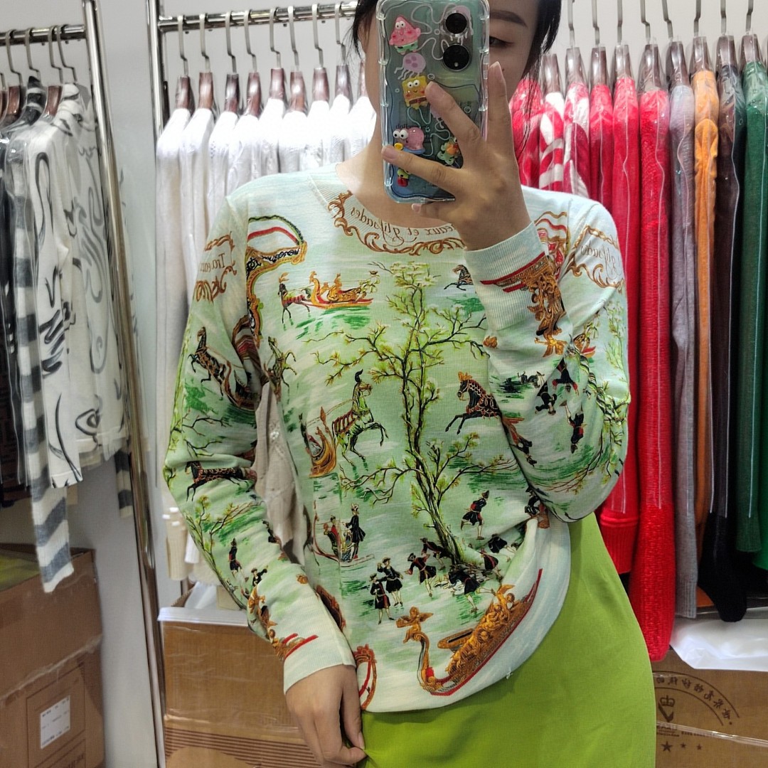 【寶姐专属】“马车与小船”印花套头圆领羊毛杨子纱120支-18针顶版