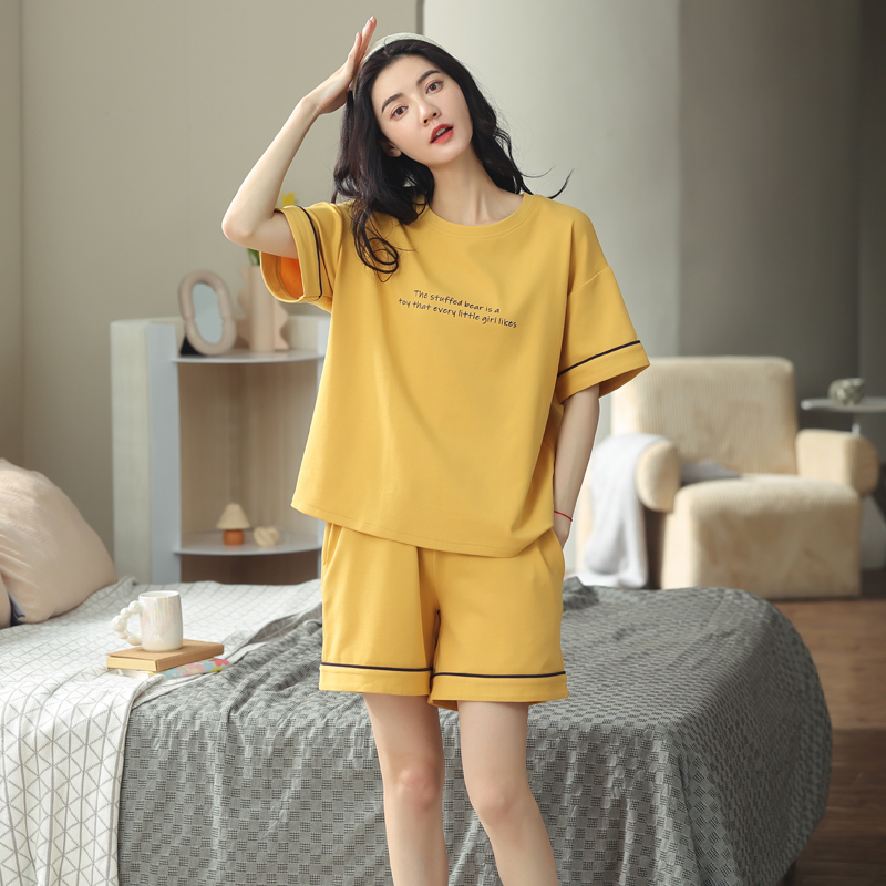 100%纯棉夏季女士家居服睡衣简约字母短袖短裤套头套装学生可外穿