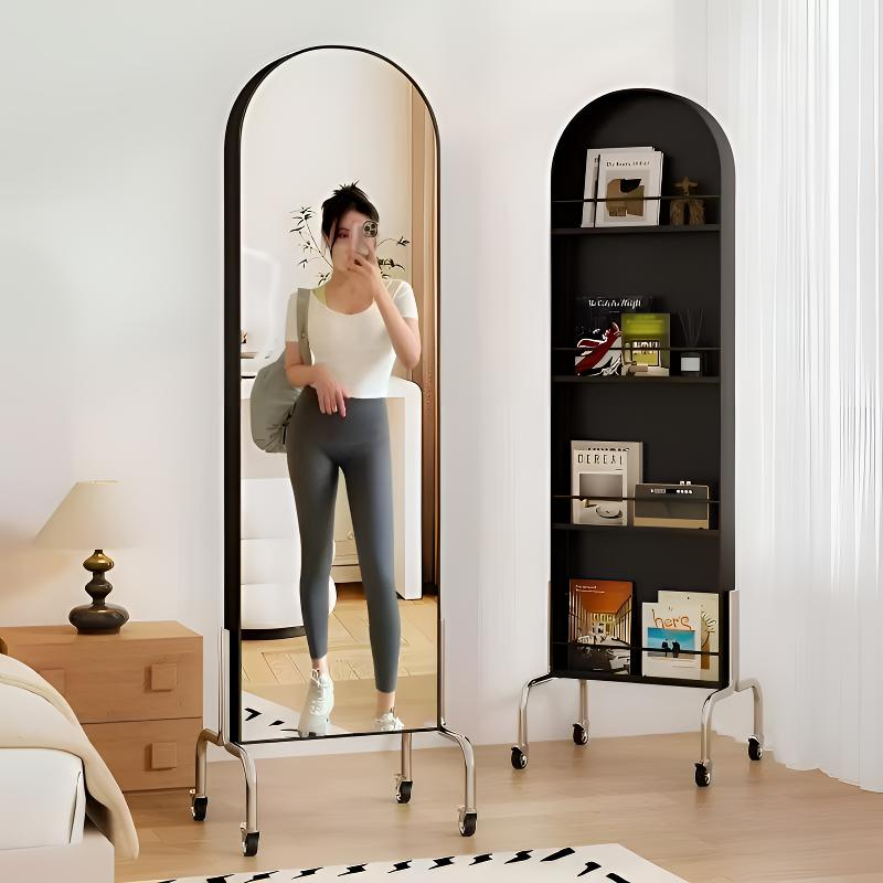 【杂志架全身镜一体】移动镜子中古风收纳落地书报置物架旋转穿衣镜