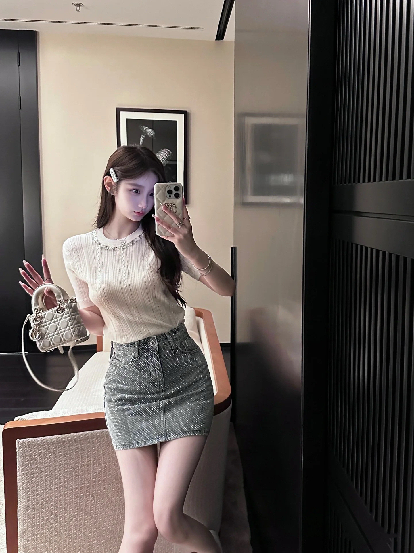 ICCLEK 白色花边纹理短袖薄款气质圆领衫通勤时尚名媛显瘦 - 1171