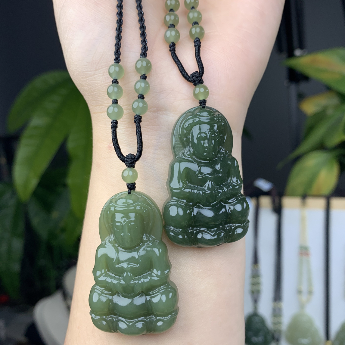 天然和田玉观音吊坠男款湖水绿双面精雕工串珠编绳款玉坠