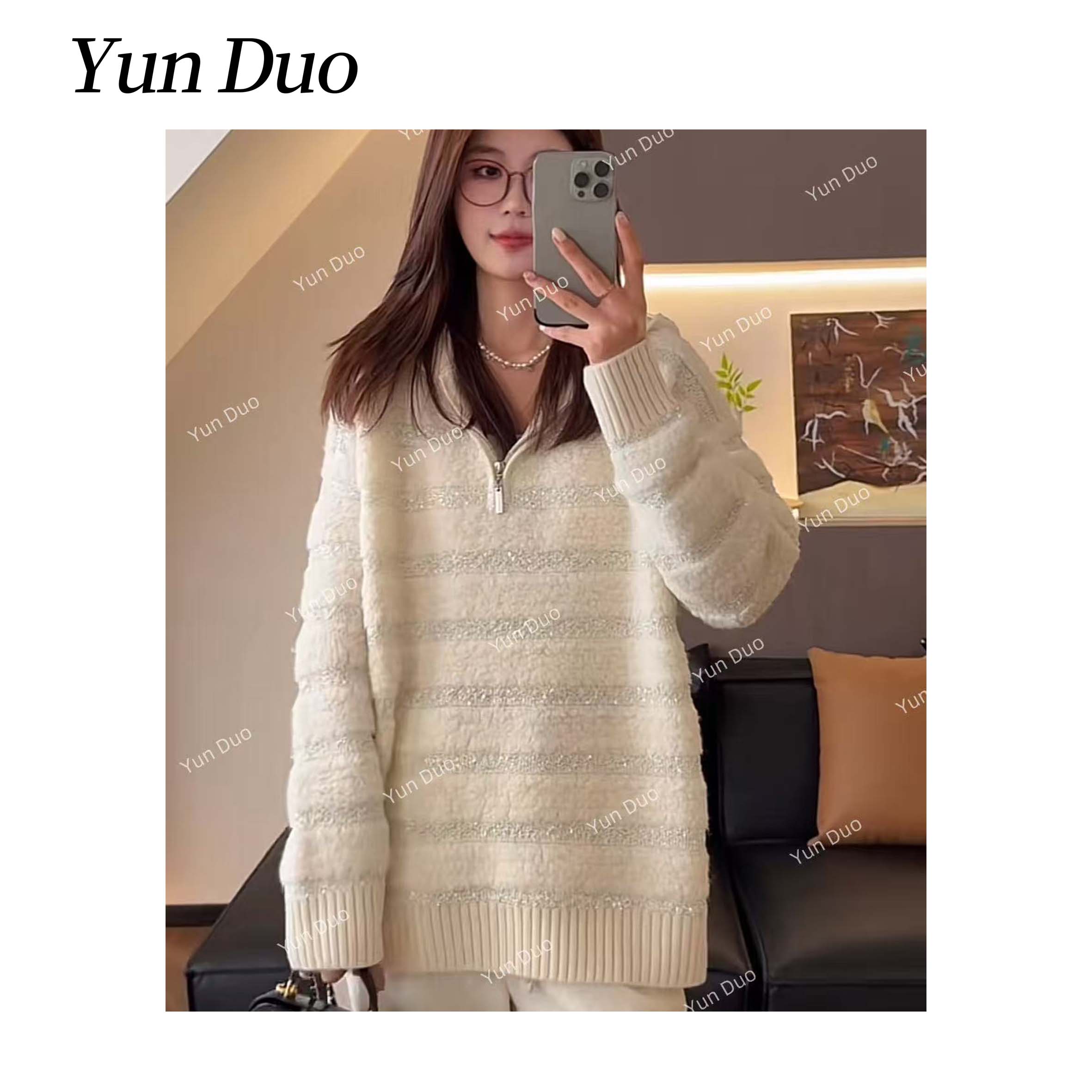 云朵定制【空心格】半拉链纹理感连帽毛衣LG62