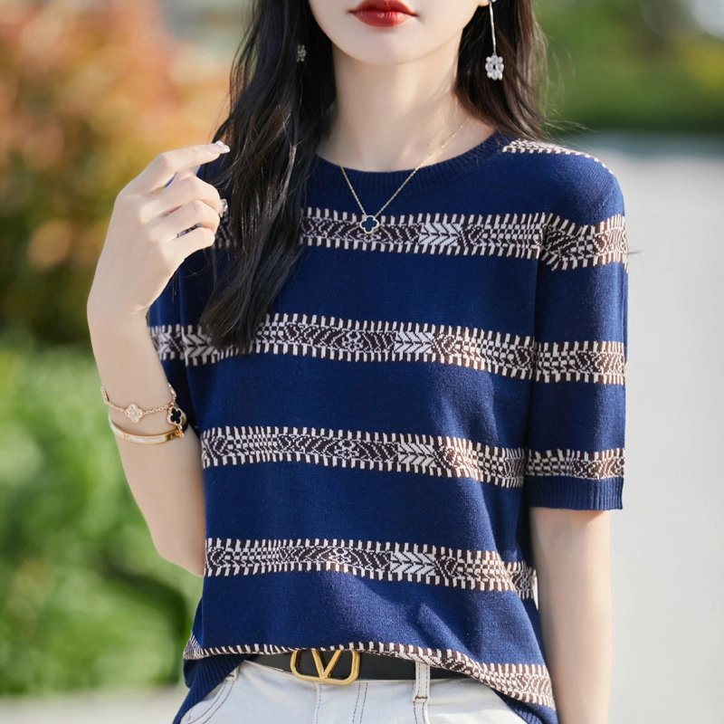 恒源祥集团彩羊新款夏季圆领条纹撞色半袖套头针织衫百搭T恤上衣