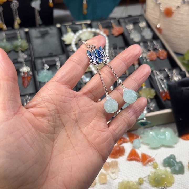 蛇纹石玉银S925镶嵌耳饰