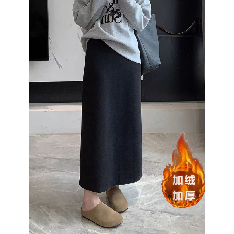 【醋酸羊绒+2个裙长】小个子秋冬直筒显瘦百搭高腰开叉中长款半身裙