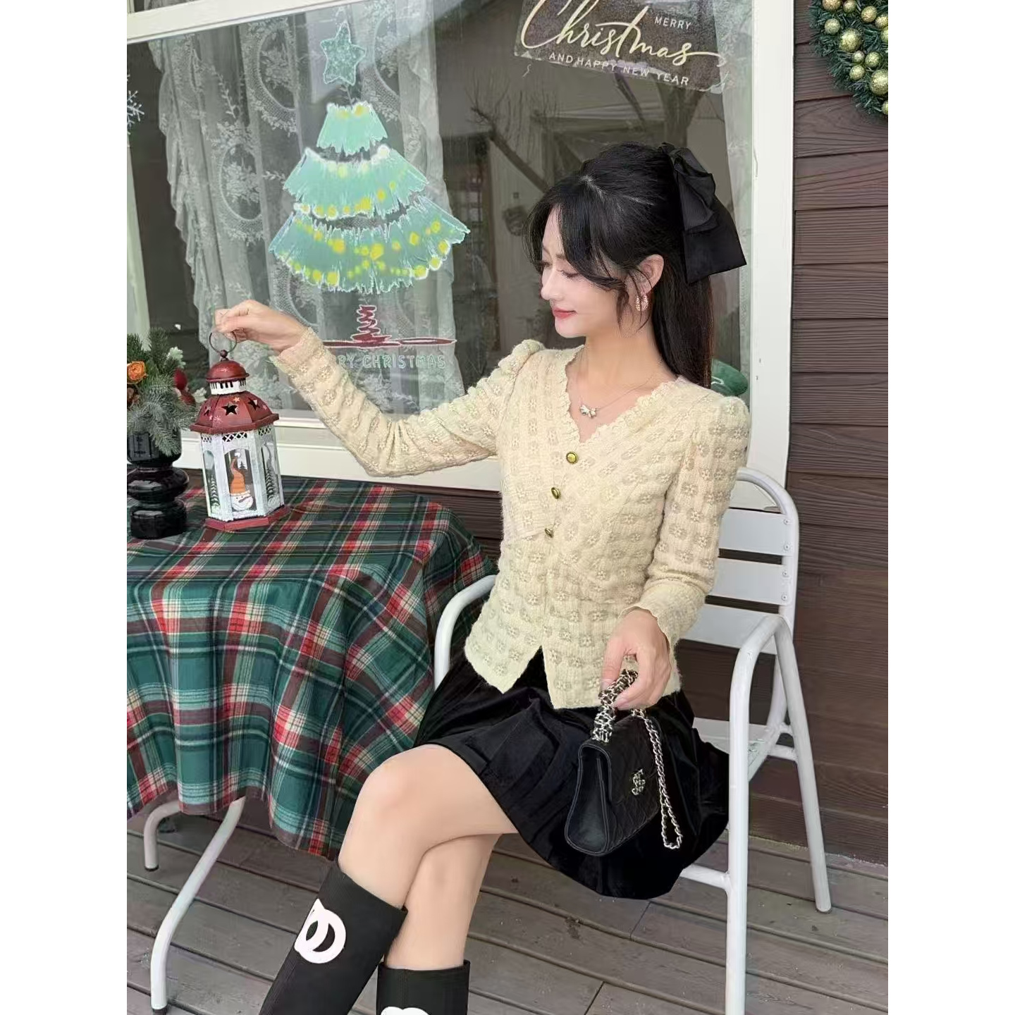 8066#卡【木兮兮专属】2025年秋冬季新款百搭梅花蕾丝小衫时尚上衣