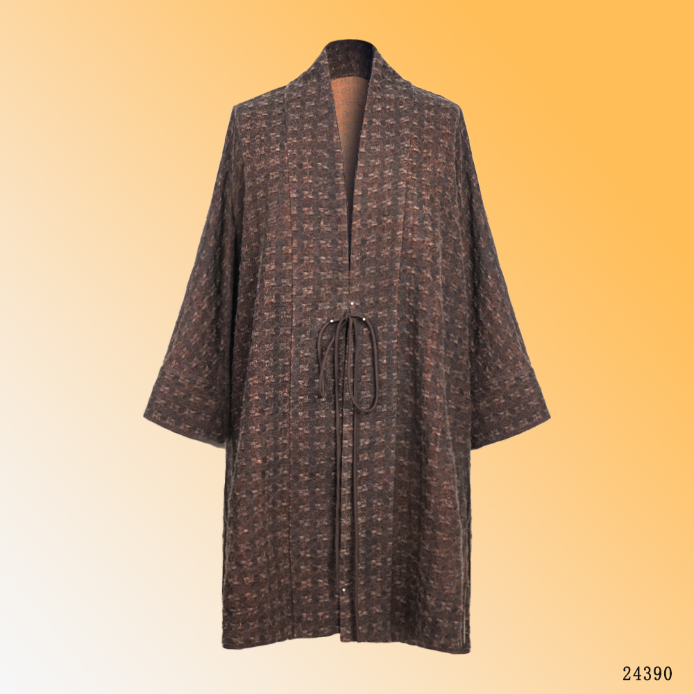 YZ 瑶圃【棕雾】国风复古慵懒风棋格纹系带优雅风衣外套 24390