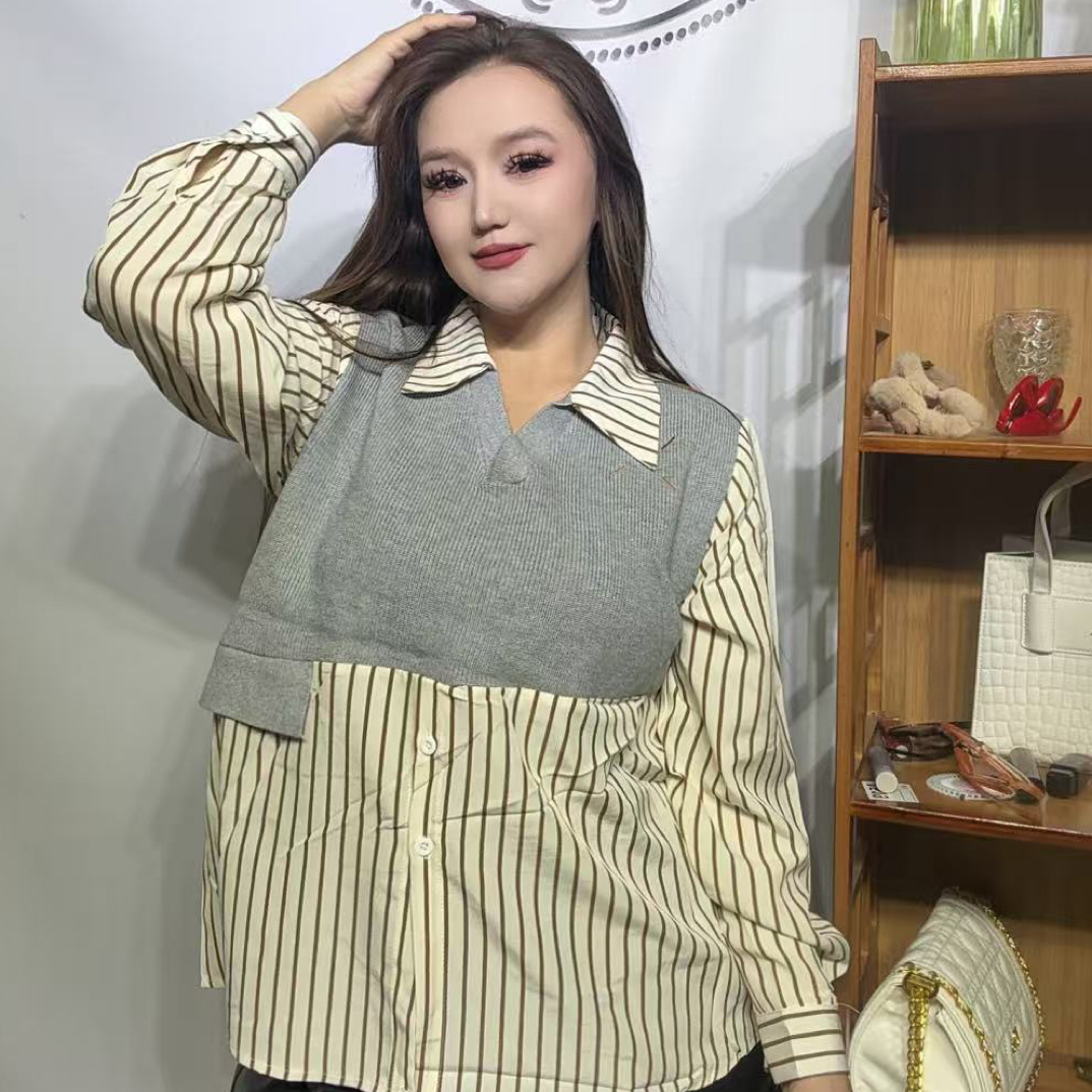 假两件条纹拼接衬衫女春秋新款设计感宽松休闲显瘦百搭长袖上衣