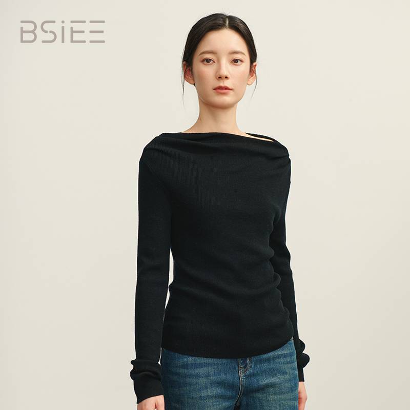 BSIEE秋冬针织长袖斜肩领高领黑色套头毛衣上衣修身