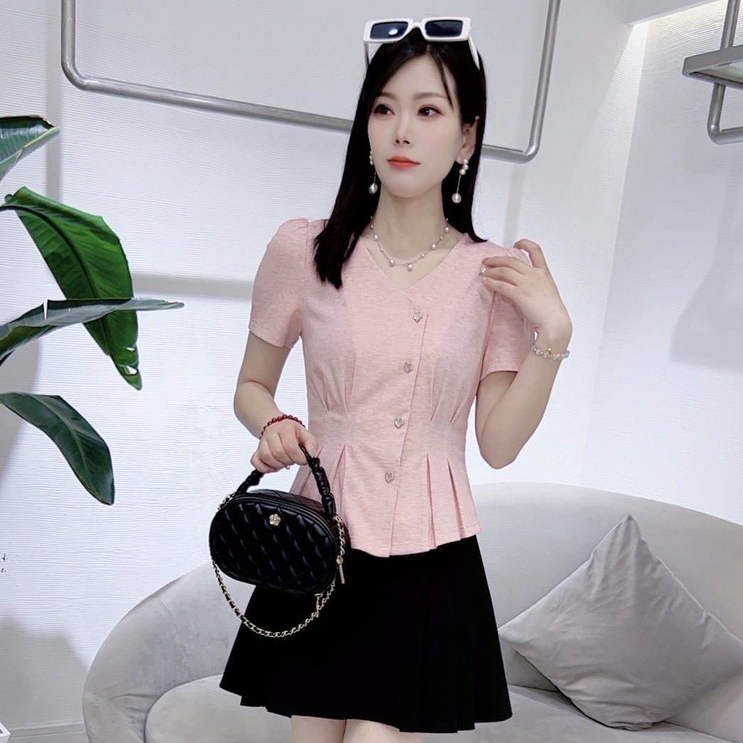 A8360夏季新款气质短袖T恤褶皱收腰显瘦设计感减龄洋气上衣