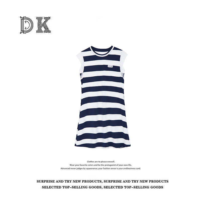 DK 2025夏季女装 设计感蕾丝花边拼接条纹圆领直筒连衣裙 19912