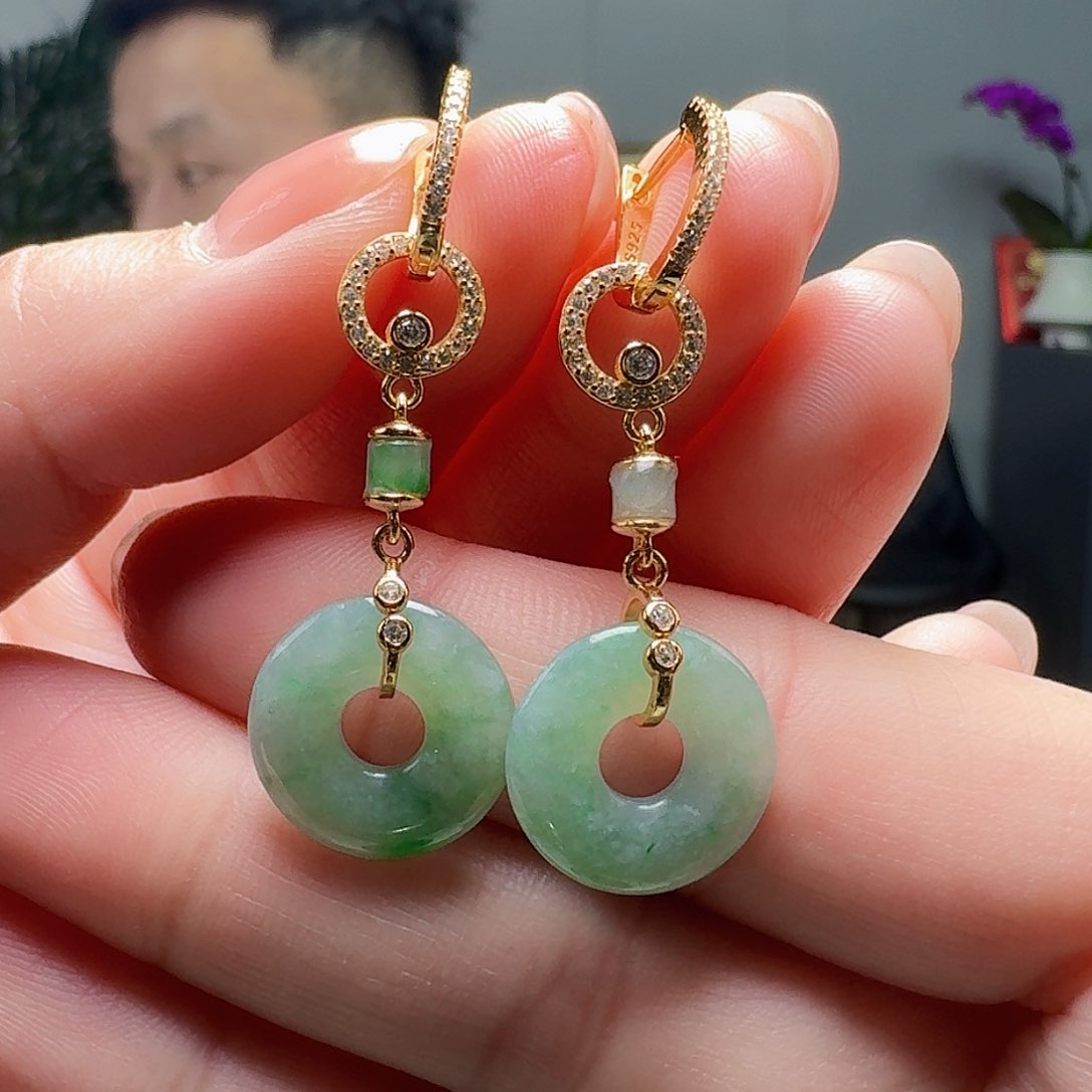 翡翠银S925镶嵌耳饰天然