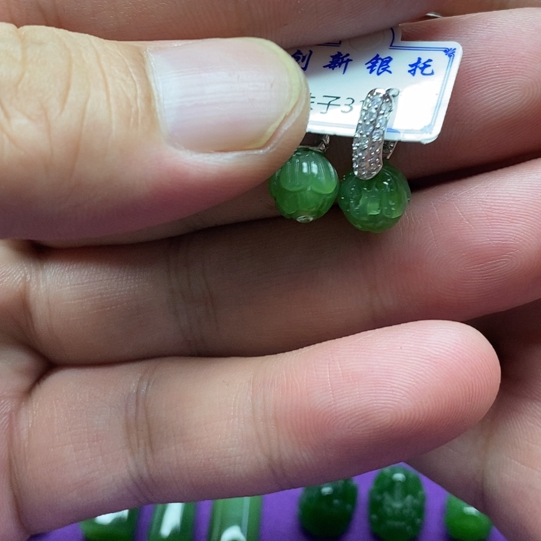 和田玉（碧玉）银S925镶嵌耳饰