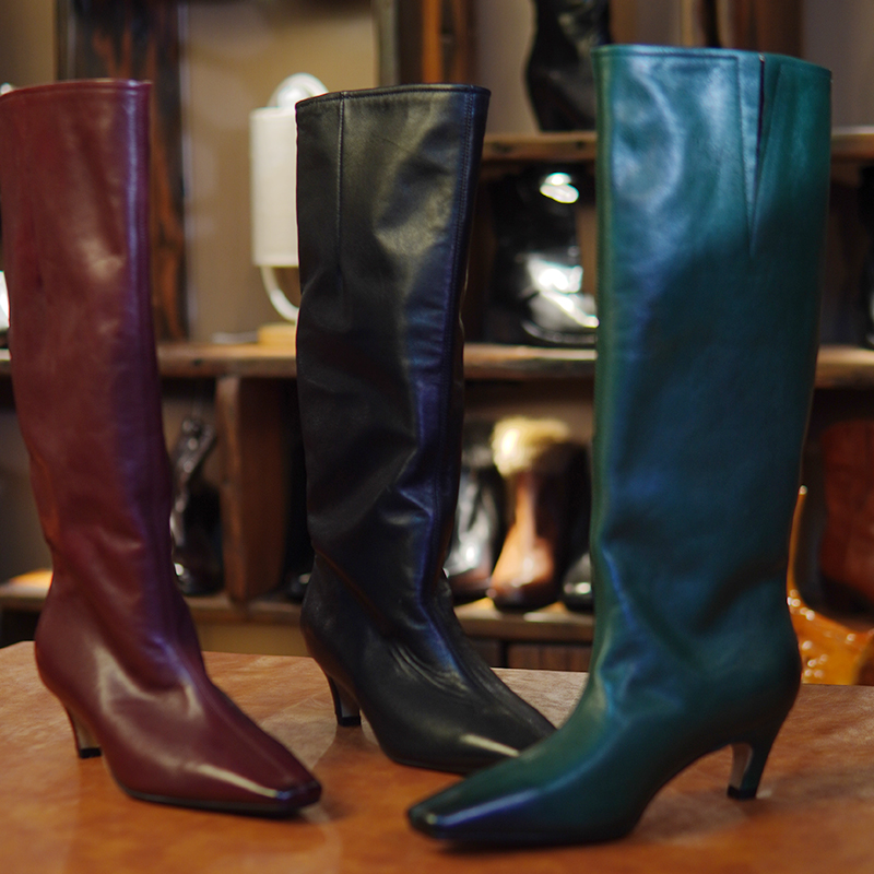 新款不过膝长靴女全皮细跟时装靴低跟复古尖头西部牛仔靴猫跟高靴