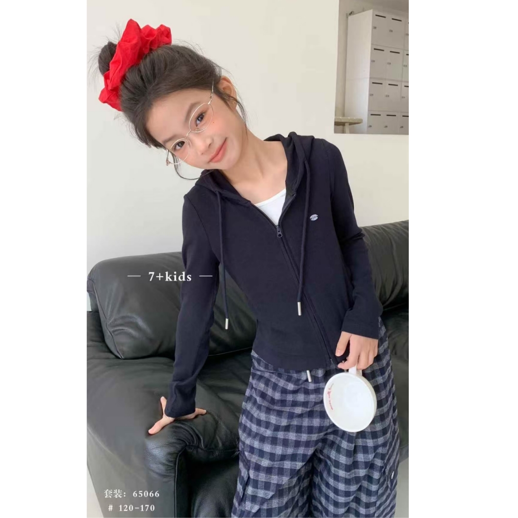 上衣假2件~韩版女童装儿童中大童休闲秋季格子休闲裤套装