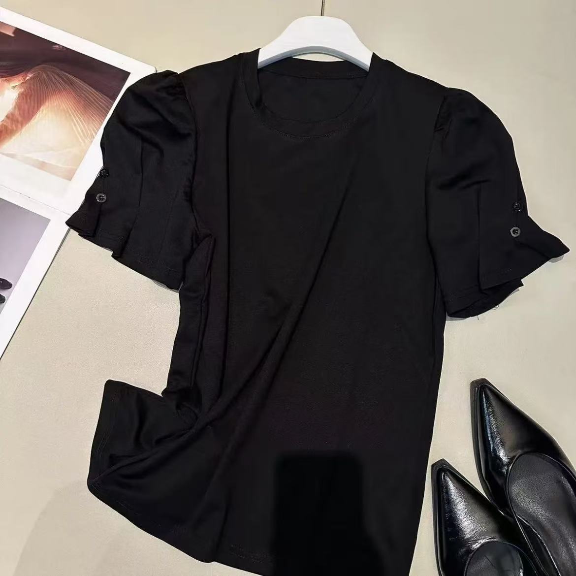 《优麦汇》Y5692春夏款圆领设计感时尚百搭短袖显瘦上衣女