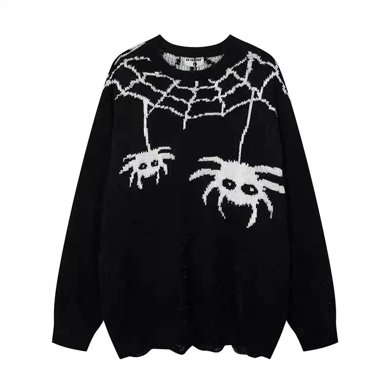 国潮时尚高街个性蜘蛛提花针织衫/毛衣复古男女宽松嘻哈潮流V026