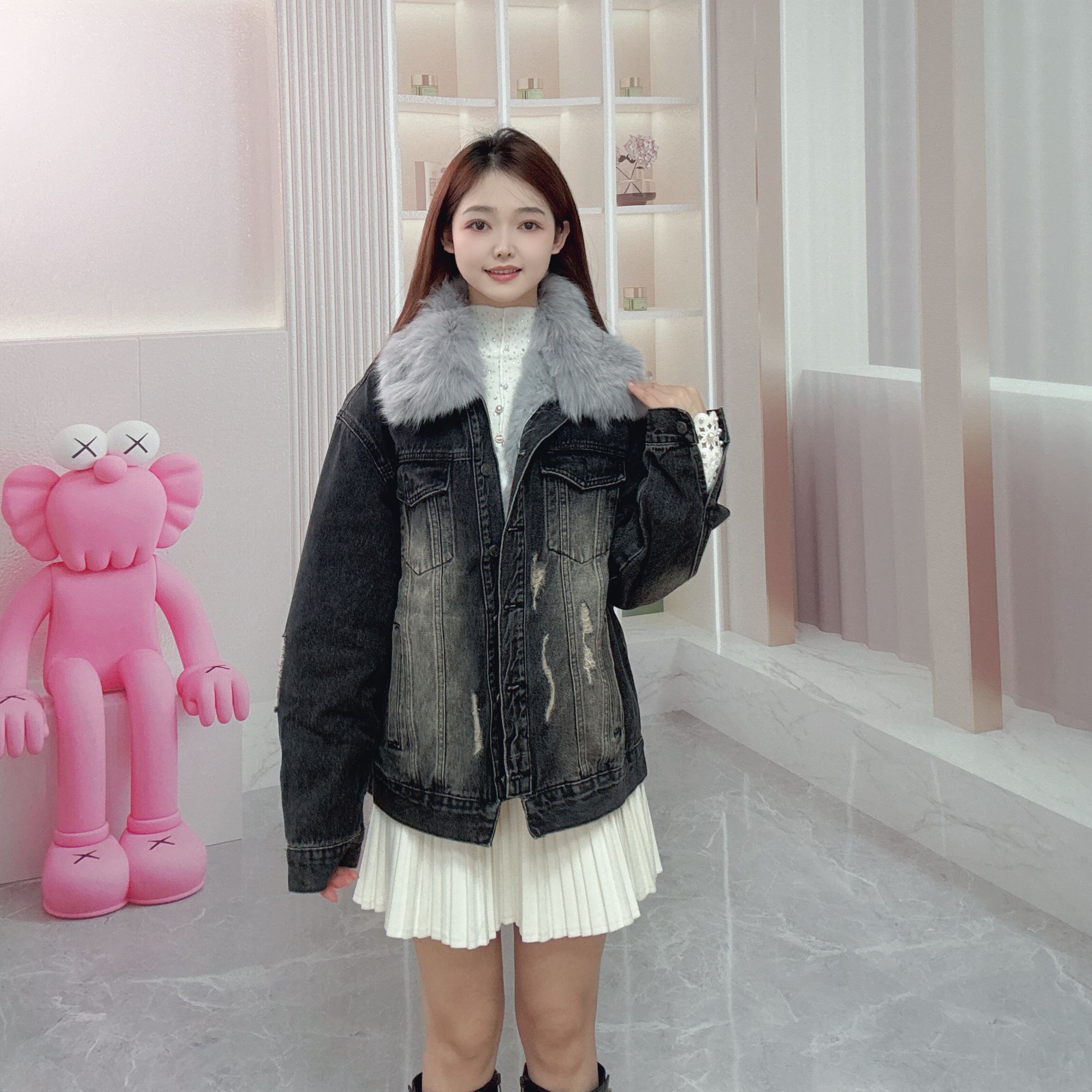 INS兔毛内胆牛仔派克4254312779