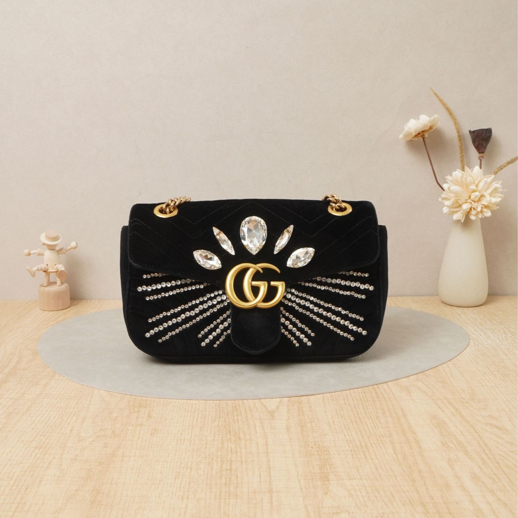 95新 GUCCI/古驰 古驰马蒙26水钻黑色丝绒/DS047404