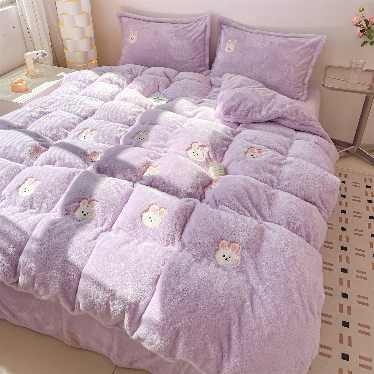 冬天法兰绒加厚四件套保暖被套牛奶绒床单简约被罩单人床用三件套