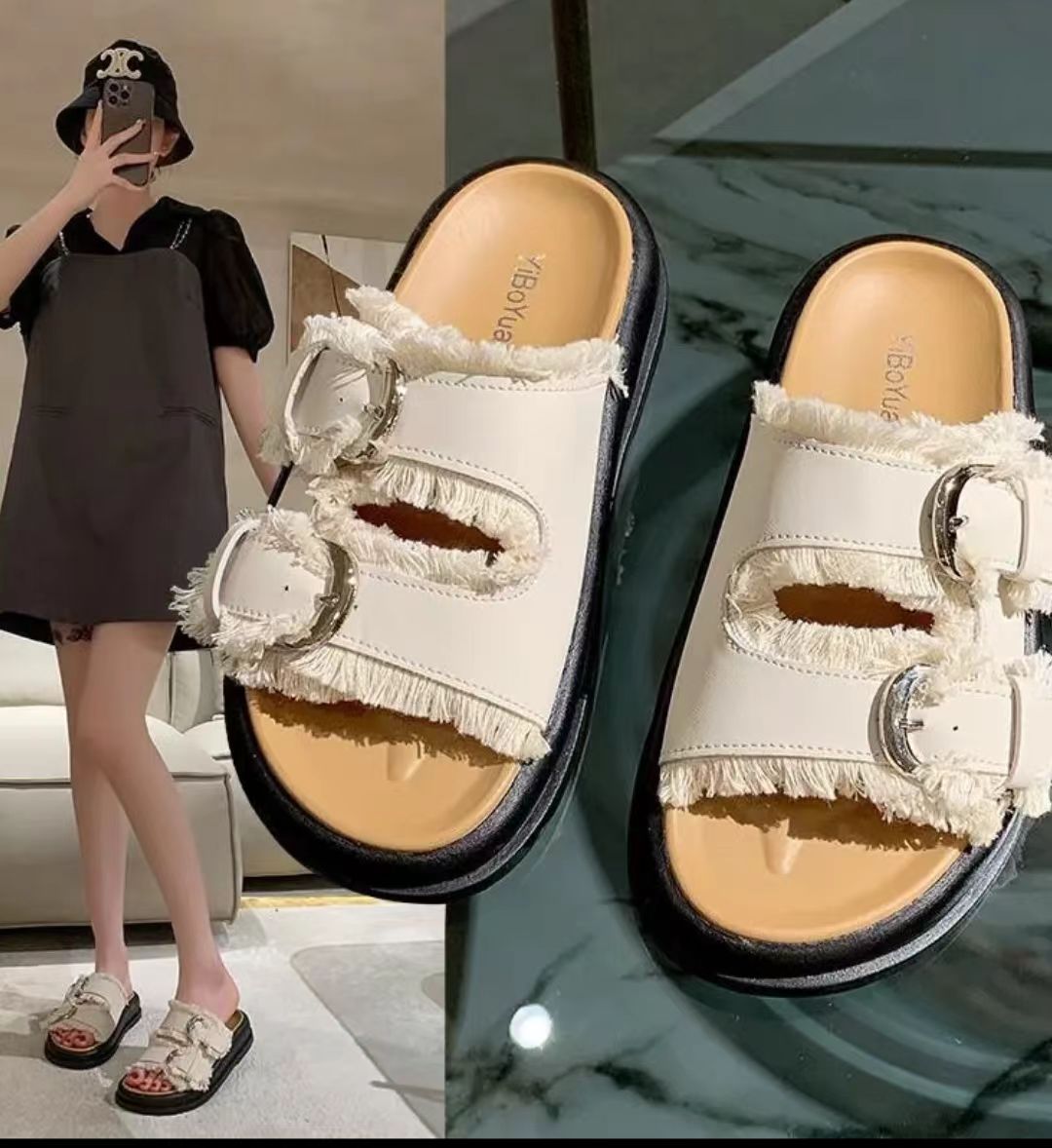 复古流苏一字拖鞋女夏季外穿时尚皮带扣休闲厚底凉鞋0018