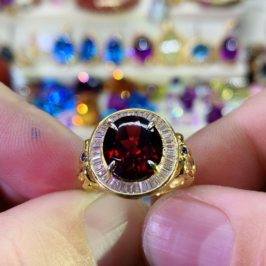 石榴石戒指银S925镀金镶嵌