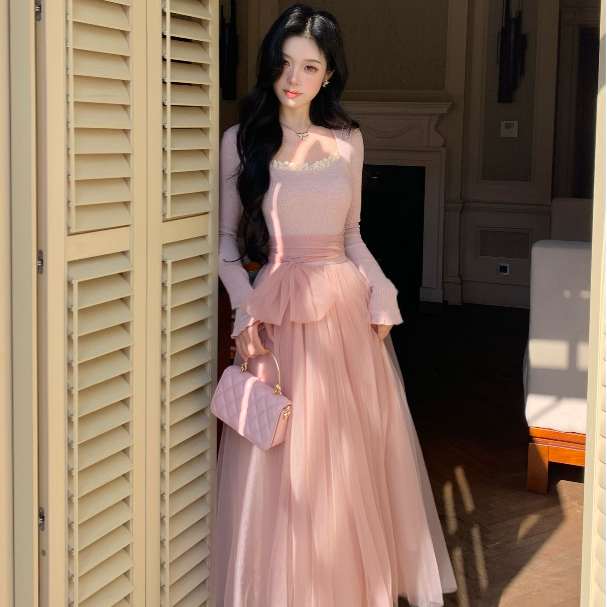 Blovelan胡桃夹子 少女感温柔显白拼接网纱仙女风显瘦长袖连衣裙