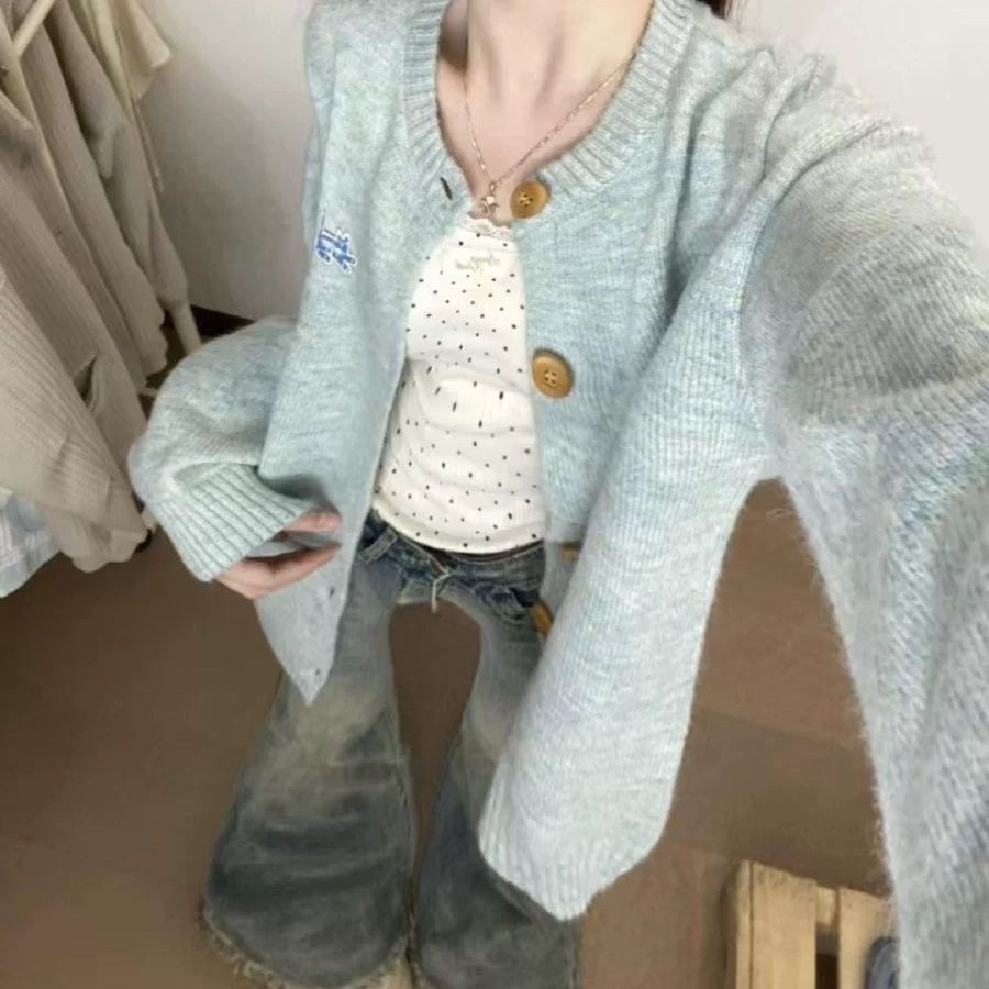 宽松型韩系开衫毛针织衫加绒加厚款毛衣针织衫针织女百搭气质