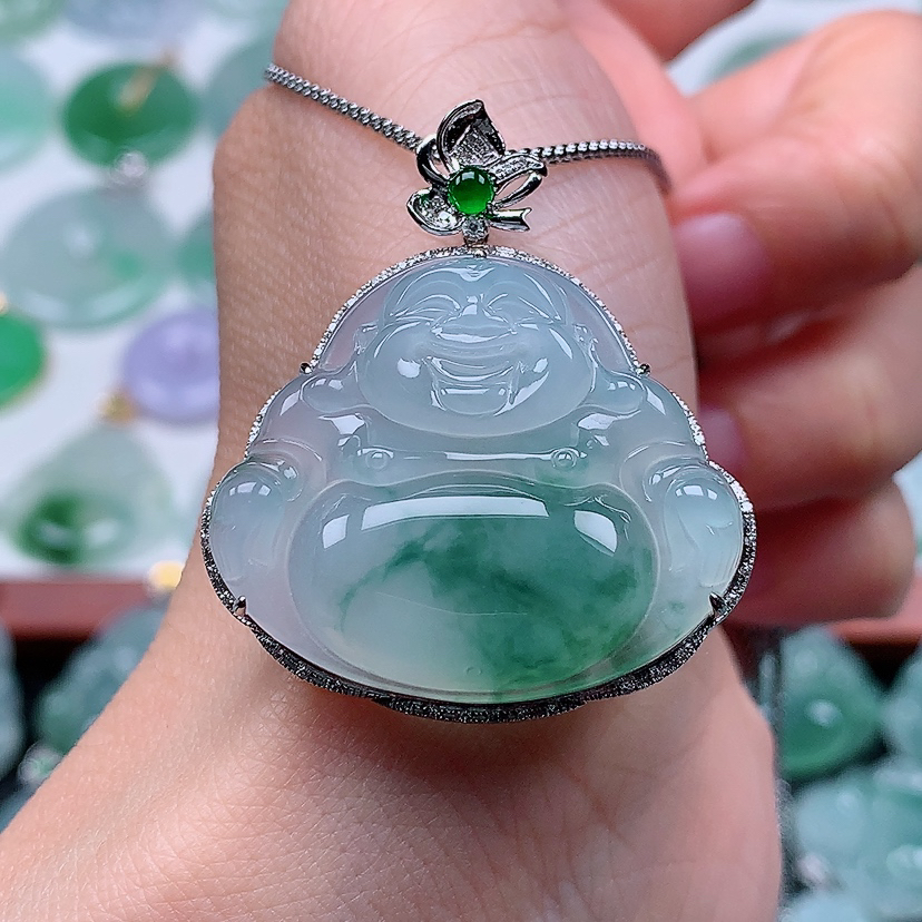 缅甸天然A货翡翠18k金镶嵌冰种飘花一刀切佛公（尺寸29*33.8*6.5）