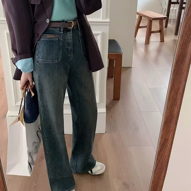 （双色加绒牛仔裤）0208冬季复古窄版口袋设计高腰显瘦直筒牛仔裤D