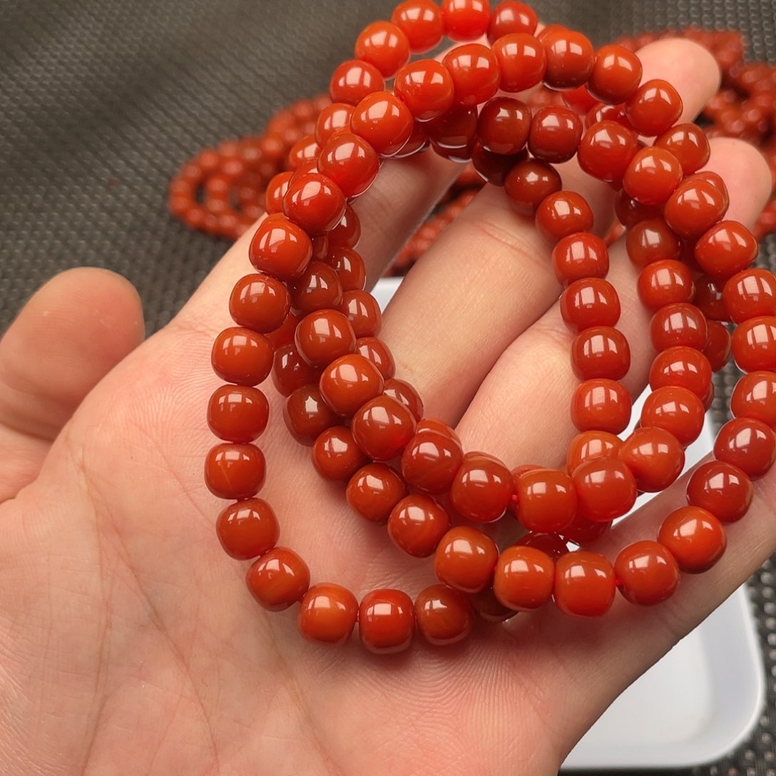 南红玛瑙7mm柿子红老型108长链未镶嵌