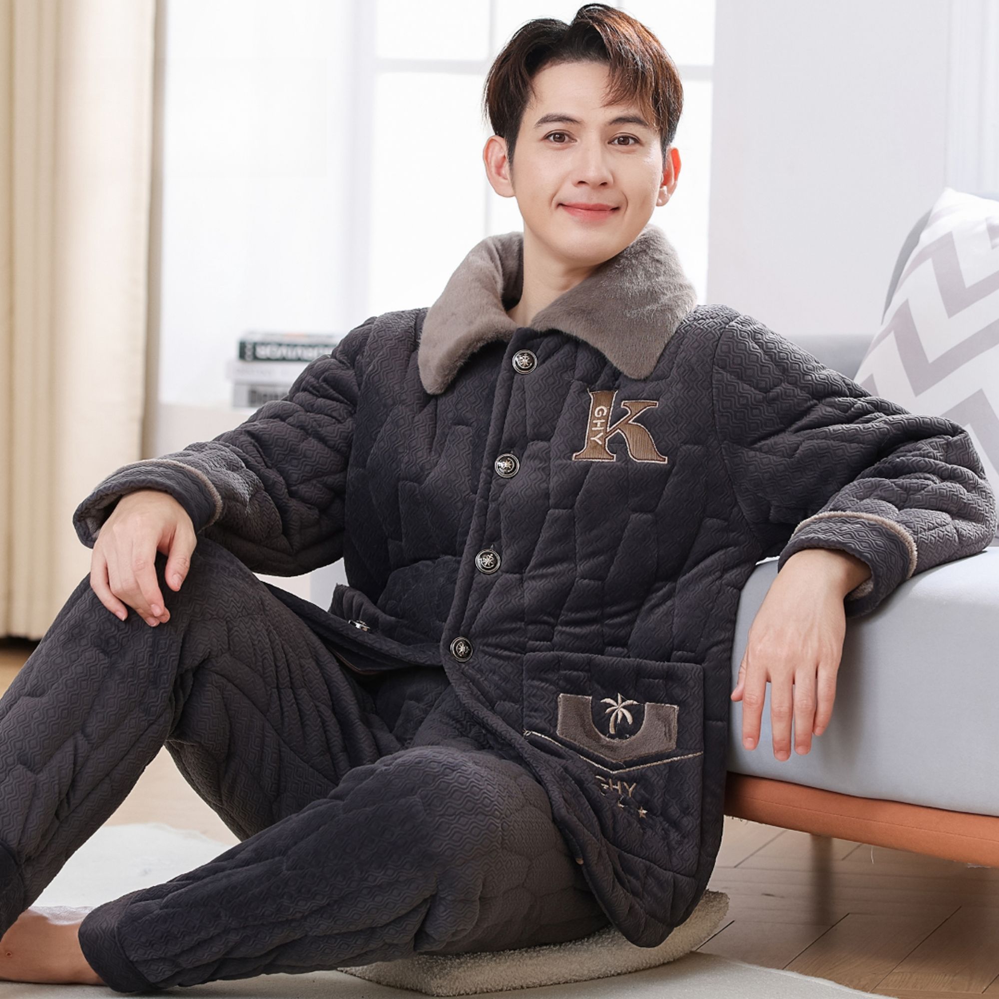 【新A135冬季加大新款特厚睡衣】男士冬季加绒加厚睡衣家居服可外穿