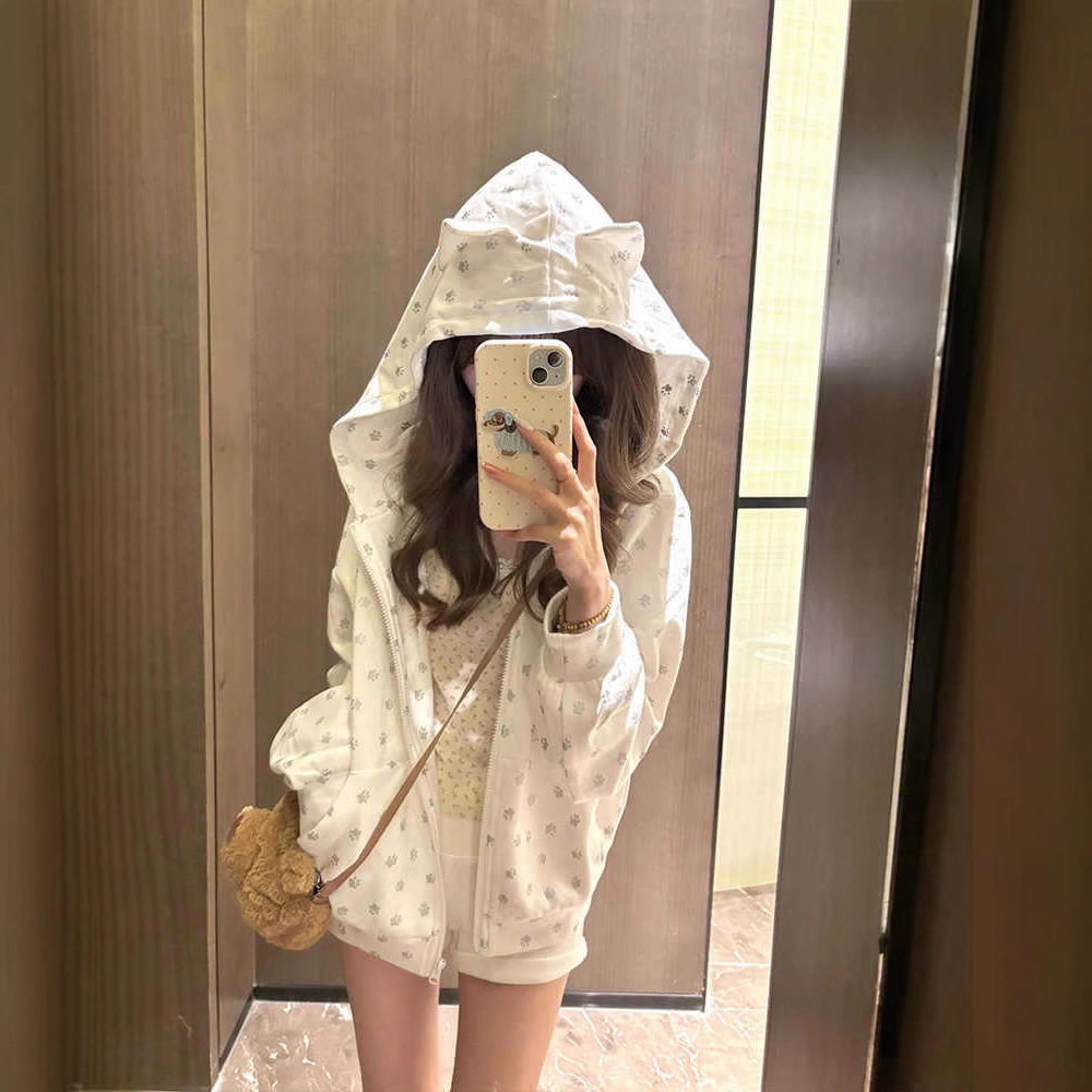 美式碎花连帽薄款外套女春夏2025新款设计感猫爪印花宽松可爱上衣