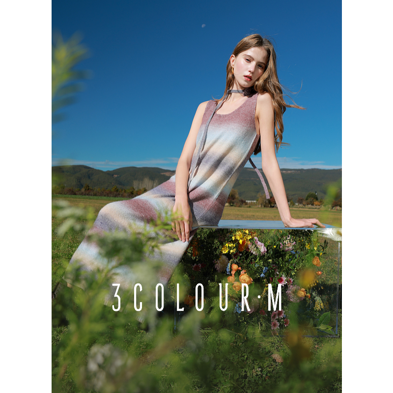 三彩2025春季新款渐变晕染针织裙无袖连衣裙前后两穿氛围感长裙M