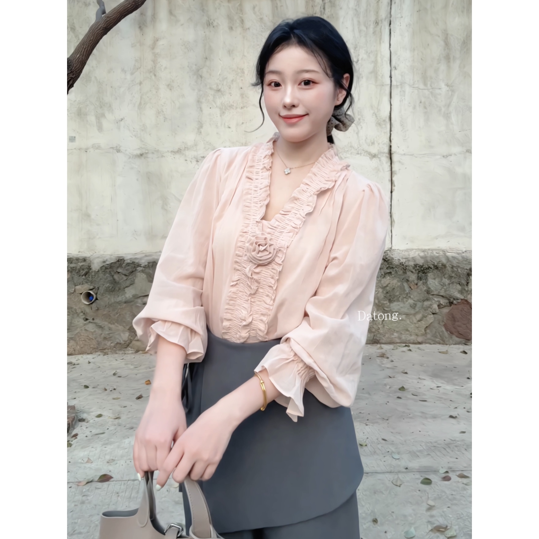 【Datong】（配玫瑰胸针）重工刺绣玫瑰花衬衣木耳边衬衫设计感上衣