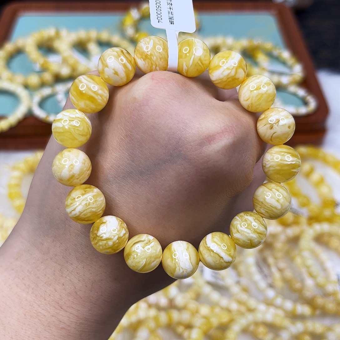 蜜蜡未镶嵌手链12.0mm同料千层雪虎皮手串