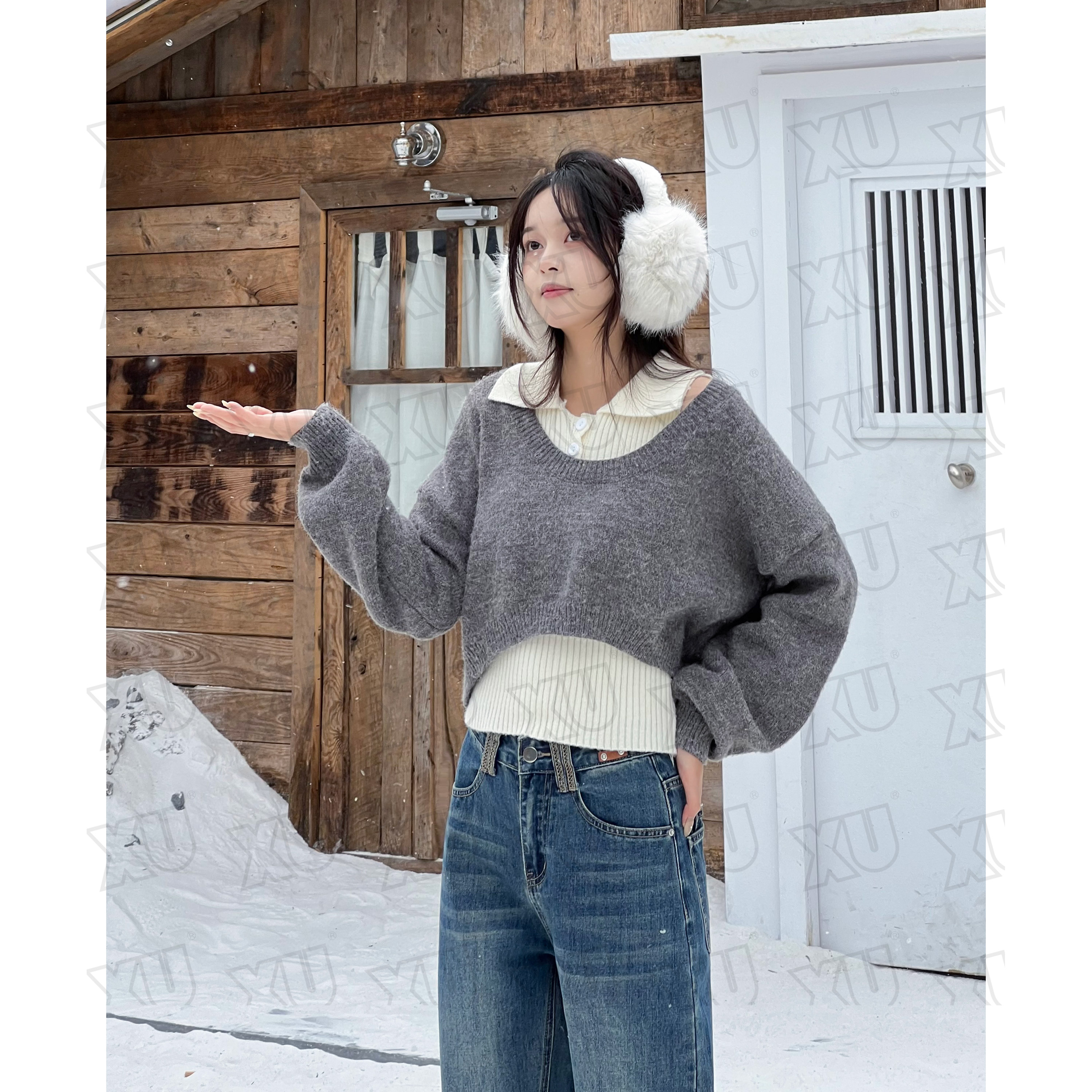 7307 GY针织两件套毛衣通勤女装百搭早秋新款polo领短款上衣