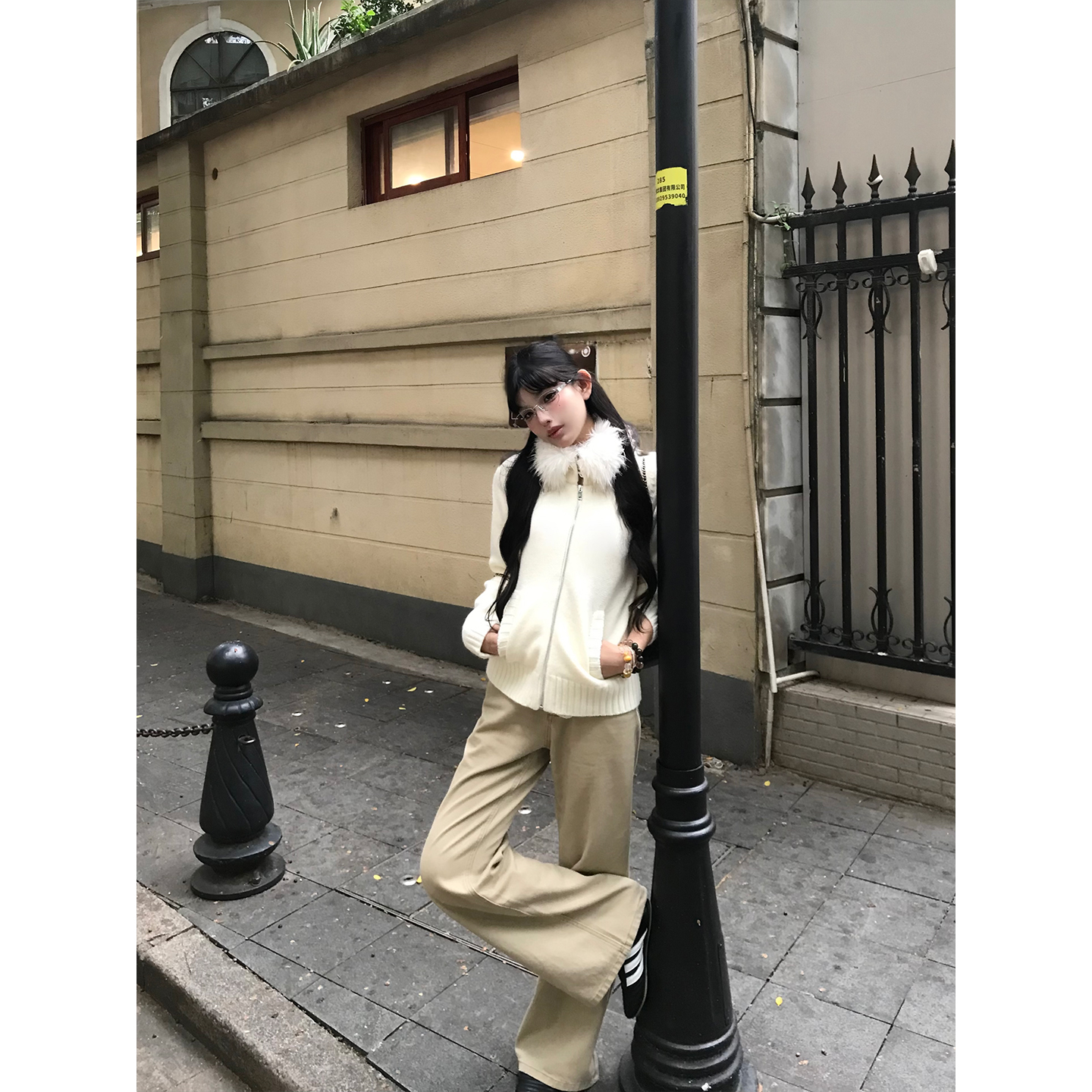 ffcheer 卡其色水洗阔腿牛仔裤女秋冬季中高腰直筒拖地休闲长裤子