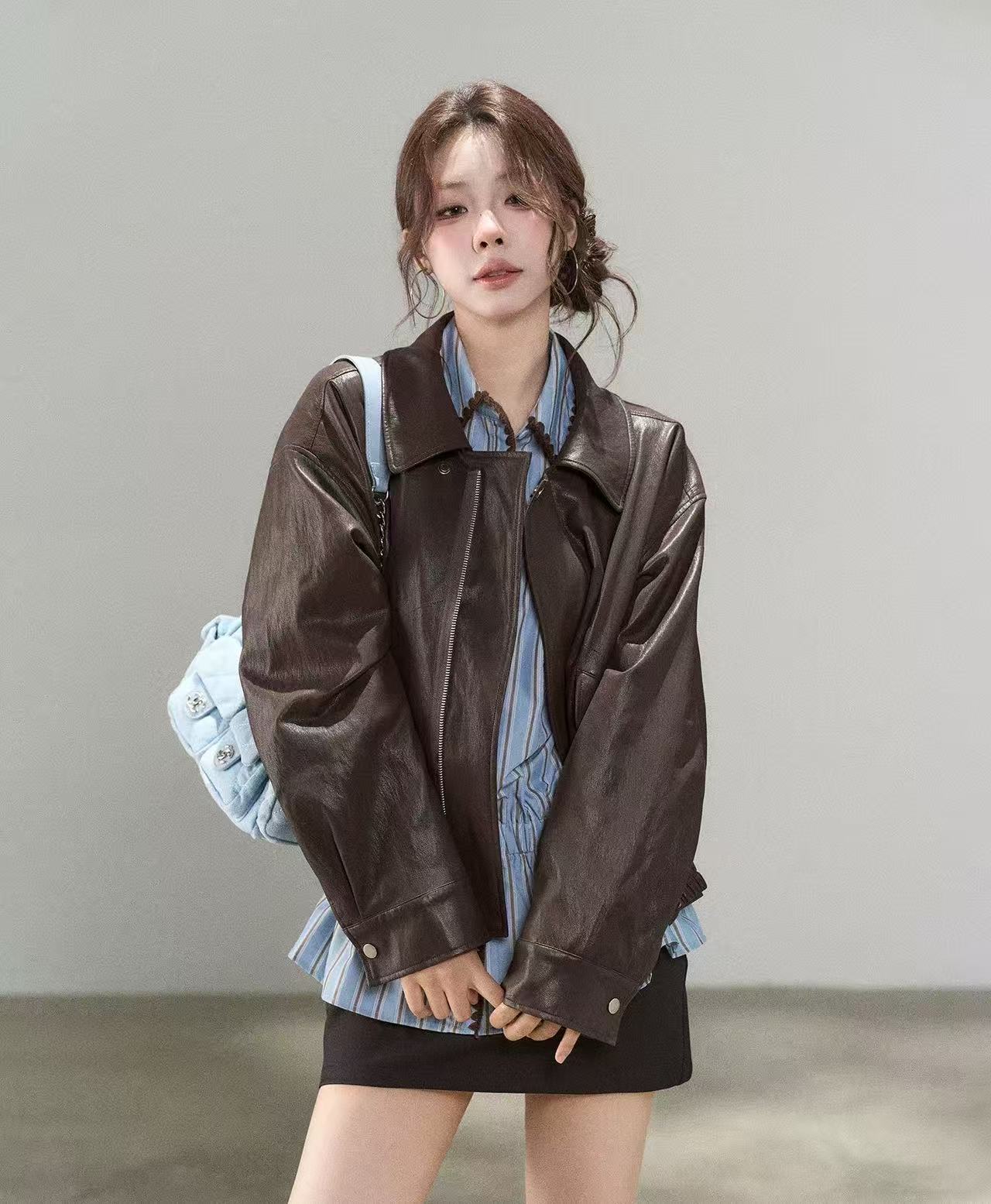 美式棕色高级感皮衣外套女2025年秋季新款短款夹克搭衬衫两件套