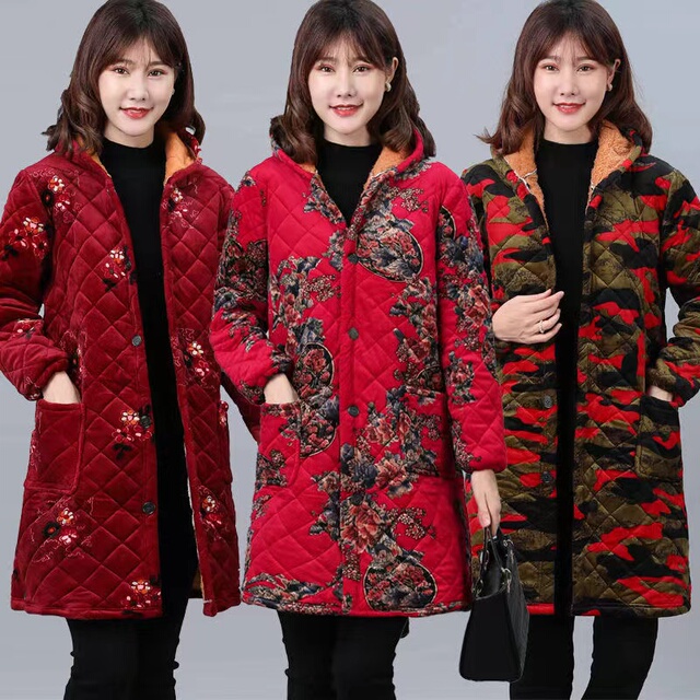 加绒加厚罩衣妈妈中长款中老年女棉衣保暖工作服外套棉袄四川省服