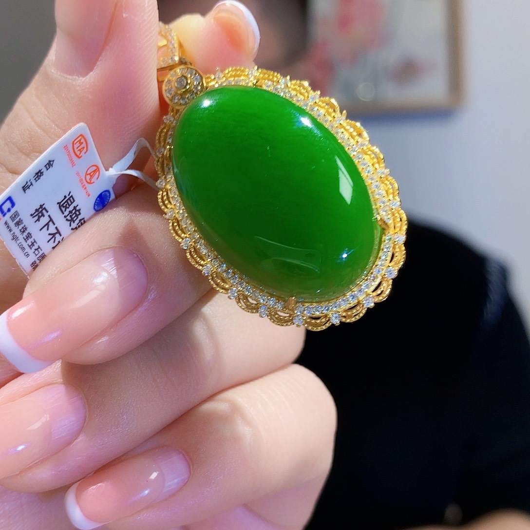 和田玉（碧玉）颈饰银S925镀金镶嵌墨*