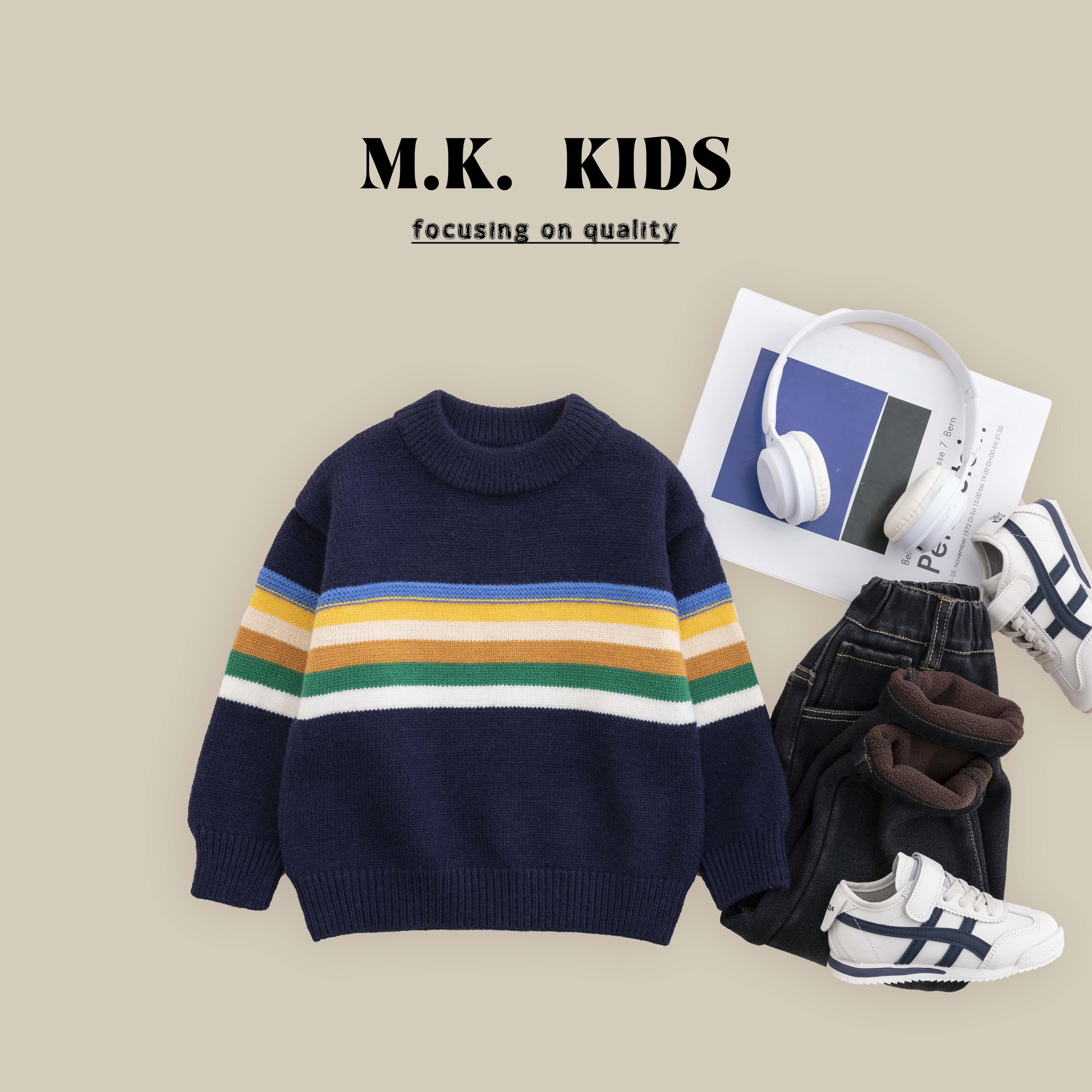 现货儿童冬款毛衣男童百搭圆领针织上衣2024新款DH7313华子童装