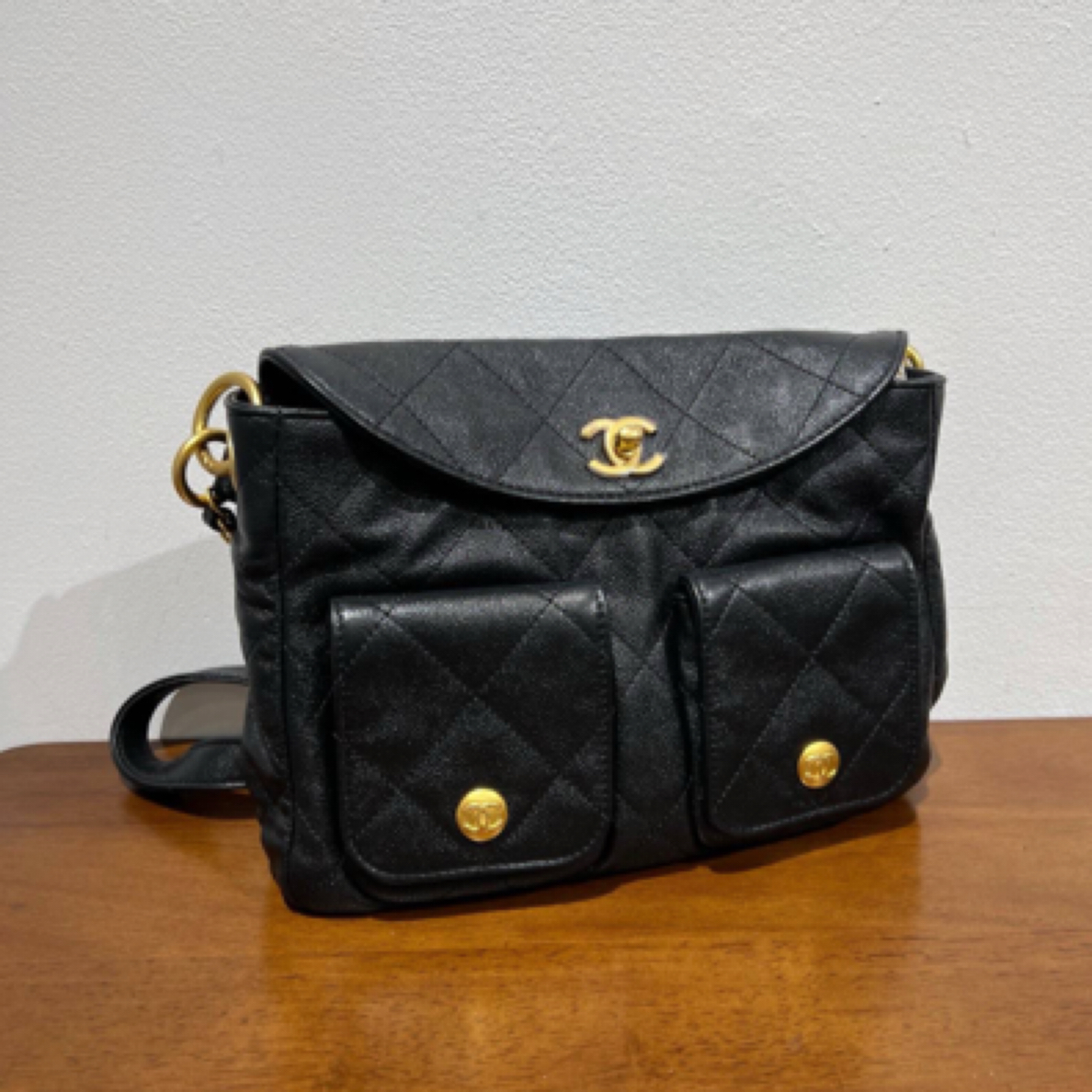 99新 Chanel/香奈儿 25P黑金荔枝牛hobo嬉皮包 小号单肩斜挎包