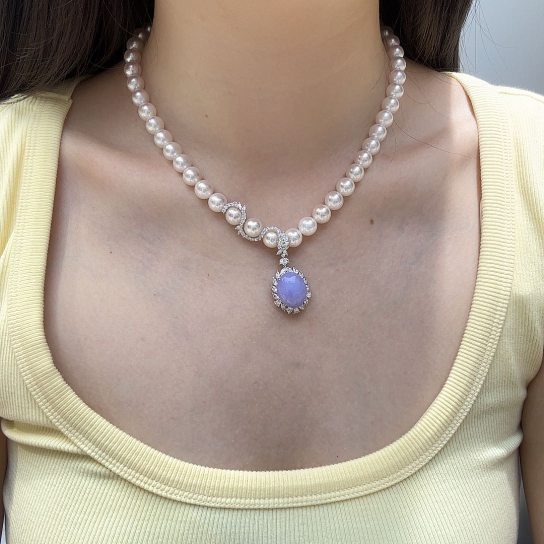 海水珍珠18K金镶嵌颈饰akoya紫翡吊坠高定款8-8.5