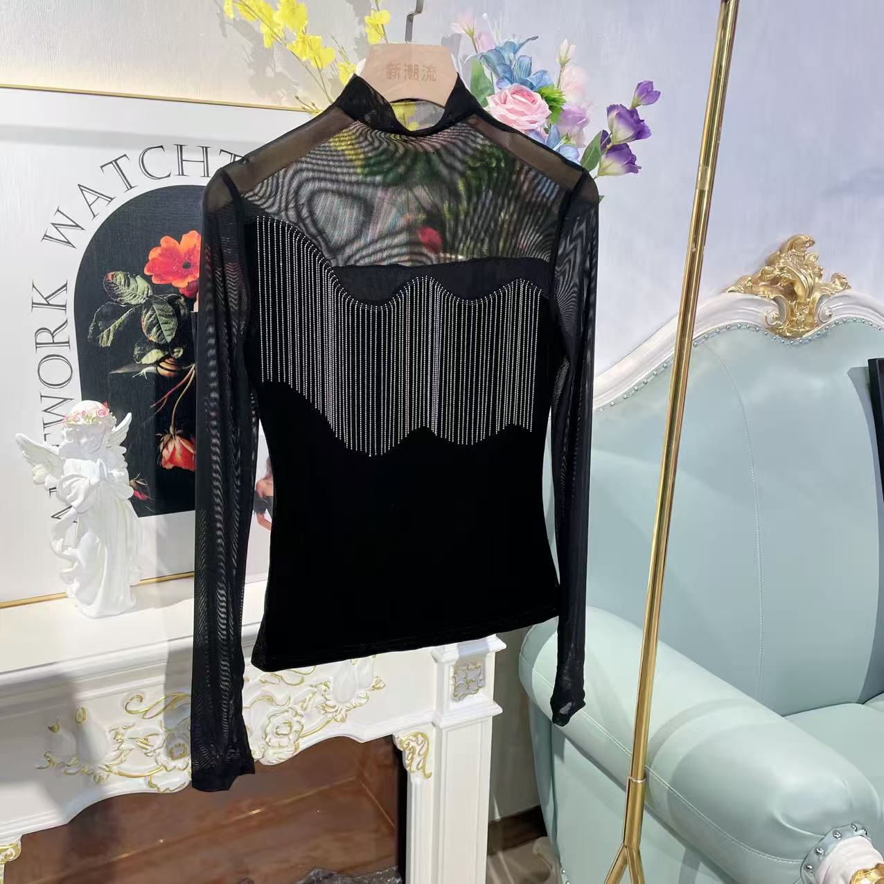 【漫老板】5716私服 定制轻奢小众蕾丝拼接丝绒流苏T恤