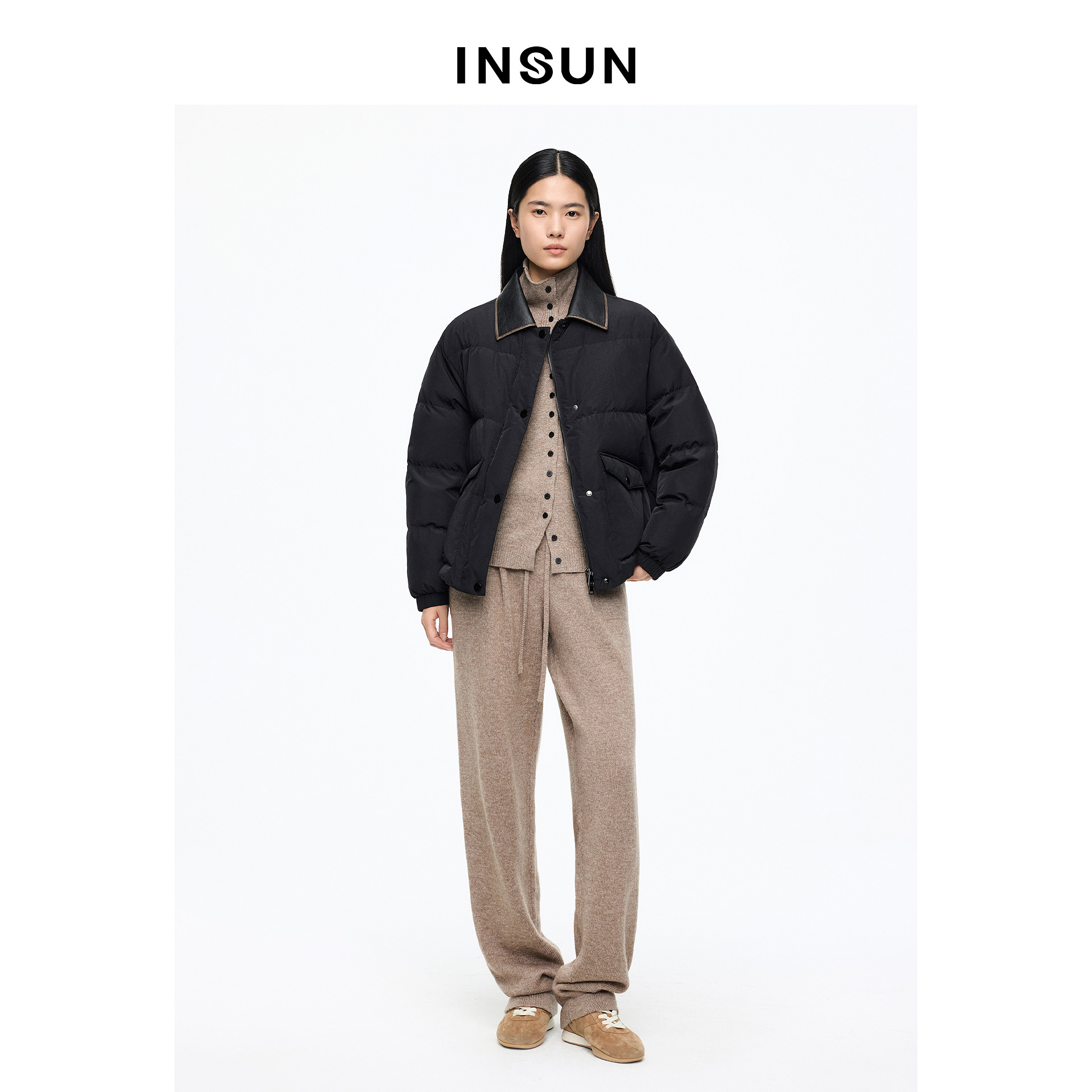 INSUN恩裳专选2026春季翻领面包格短款羽绒服9C66108580