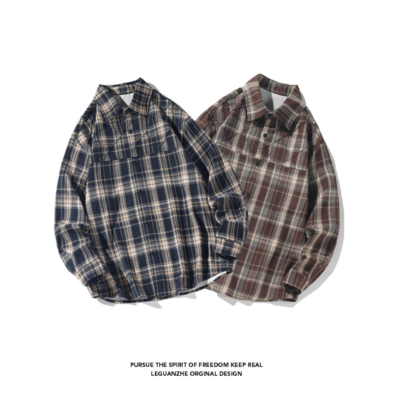 复古格子衬衫男生2025新款潮牌美式宽松休闲衬衣情侣长袖上衣外套