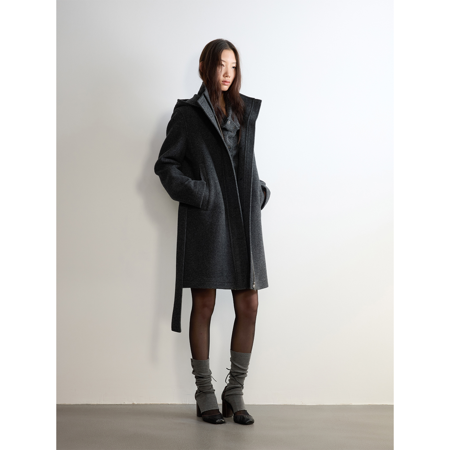 RandomPiece25冬 英国雪莱尔羊毛连帽修身设计中长款工装羊毛大衣