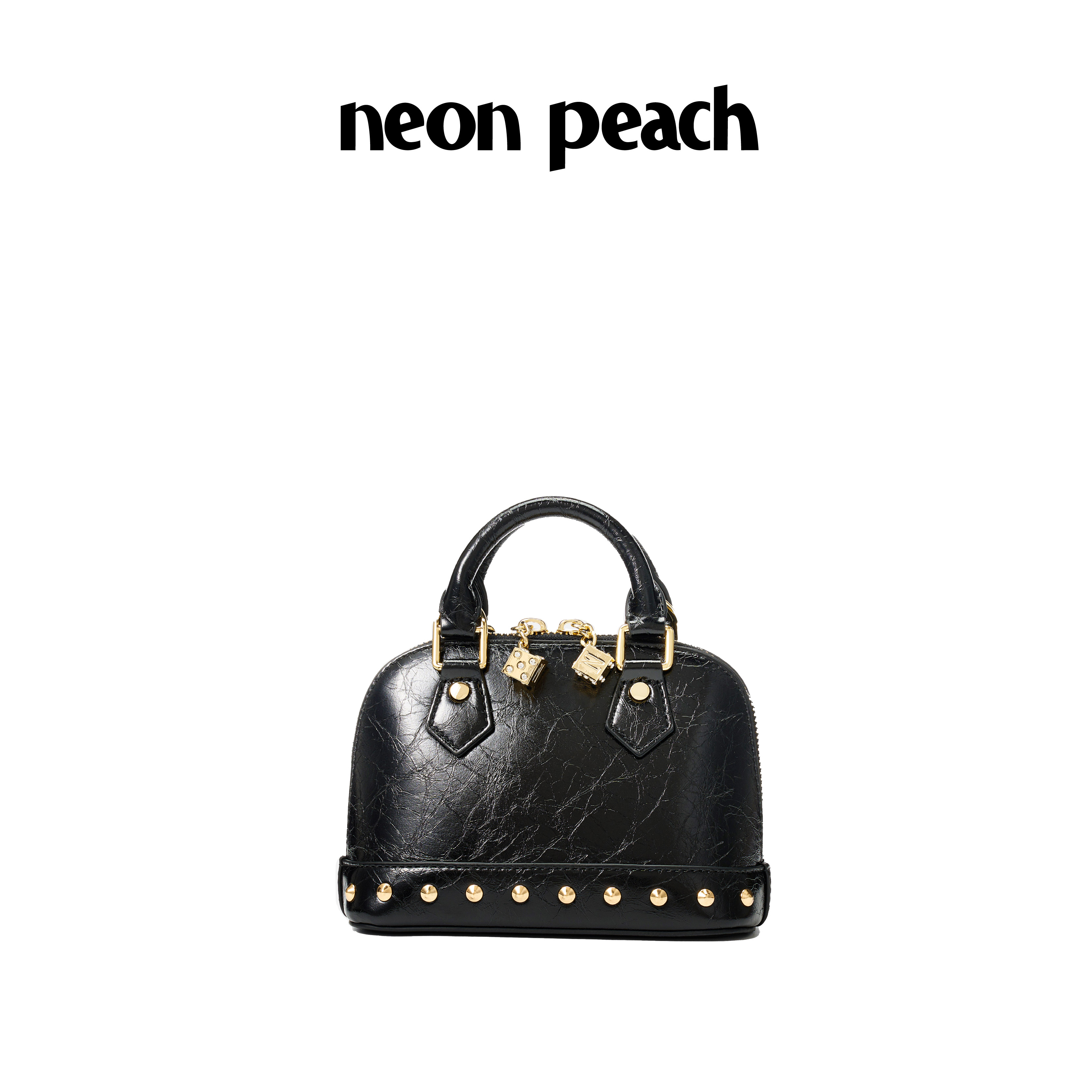 霓桃NEON·PEACH原创设计小众铆钉高级油蜡皮黑色贝壳包