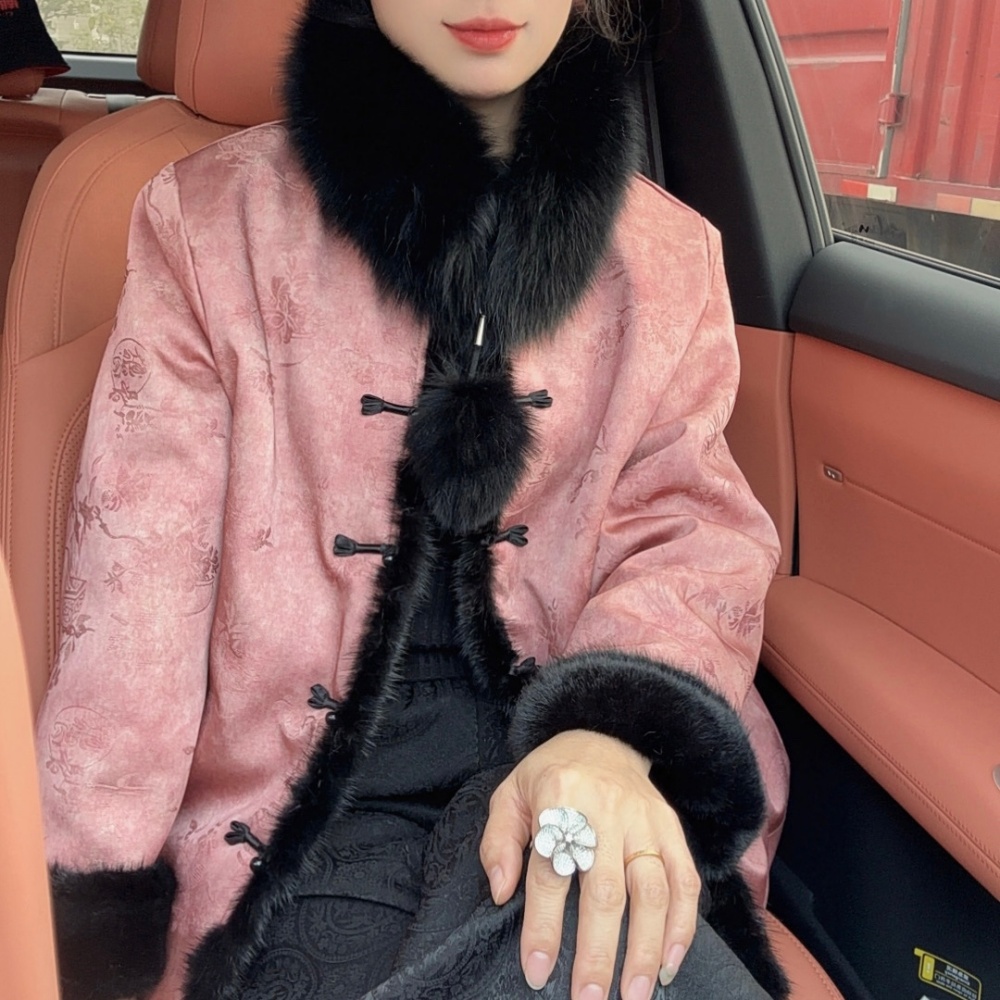 【梦芷若】冬季新中式国风水貂毛双面双穿加绒加厚口袋女装外套